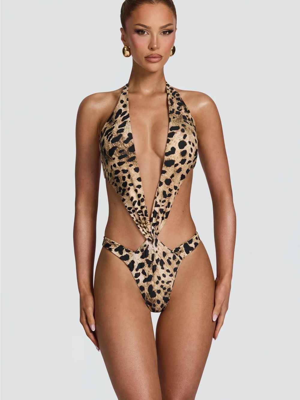 Leopard-Print Deep V Halter One-Piece Swimsuit - Leopard